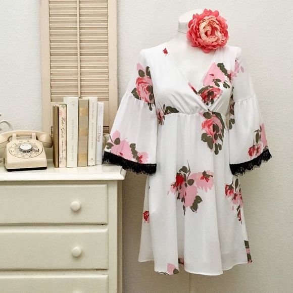 Candie’s Rose Floral Bell Sleeve Baby Doll Dress - Picture 1 of 7